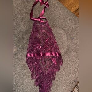 Maroon lace bodysuit with ribbon tie